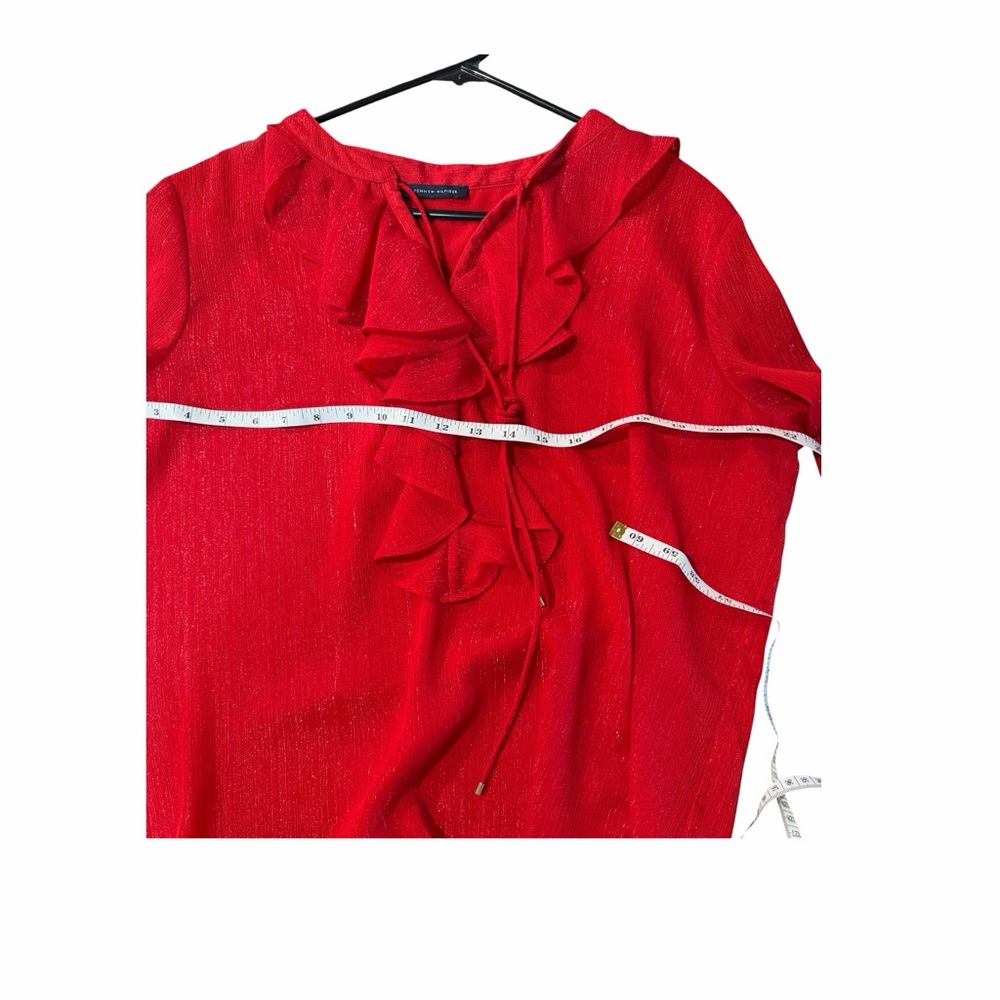 Tommy Hilfiger Women's Red Ruffle Tie Neck Blouse Metallic Shimmer Long Sleeve - Picture 4 of 7